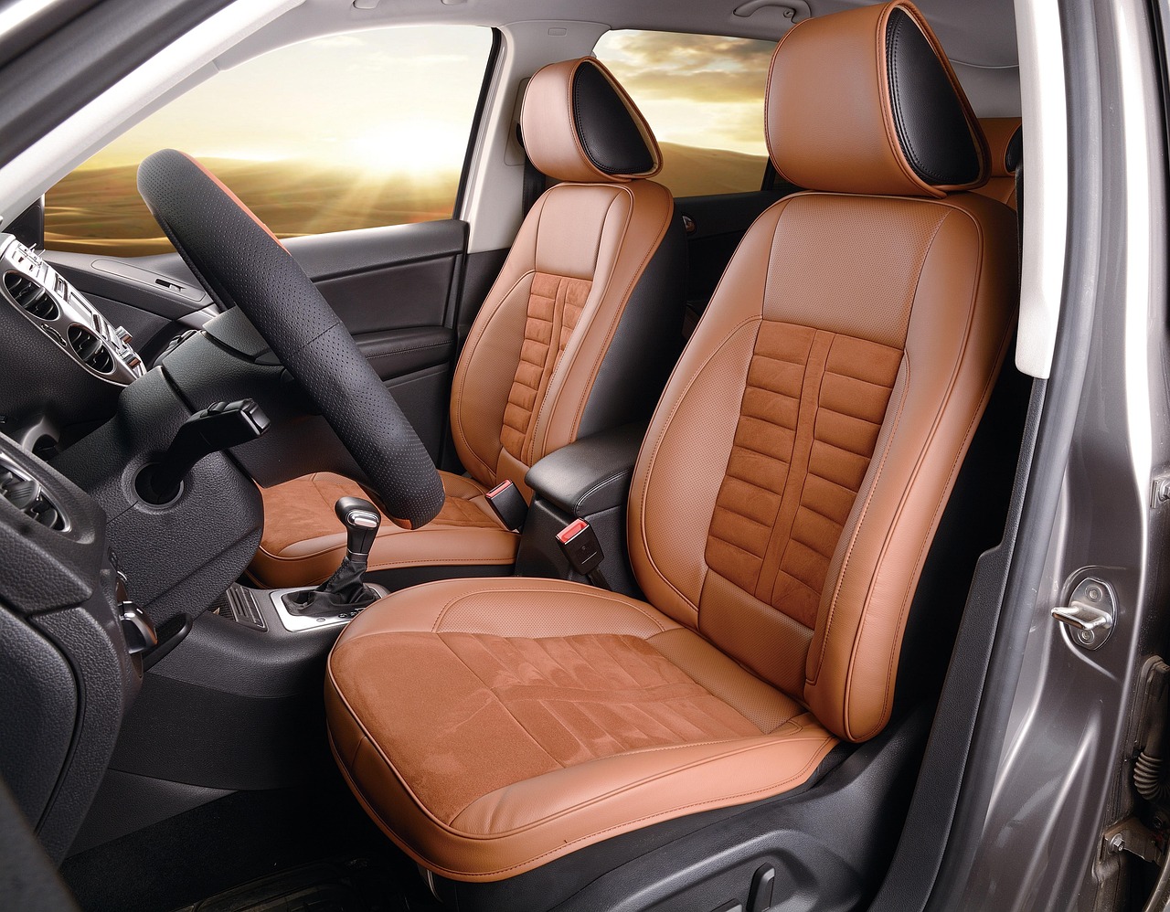 Tan leather interior of a premium vehicle